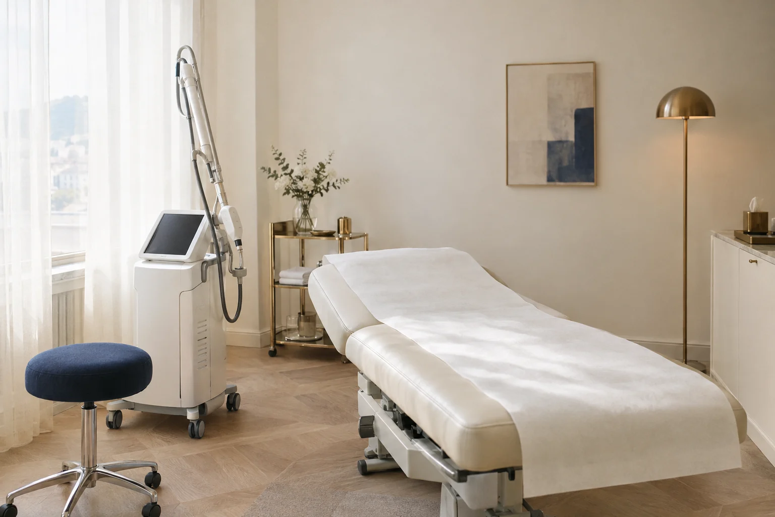 La salle de soins avec une table d'examen et un appareil laser