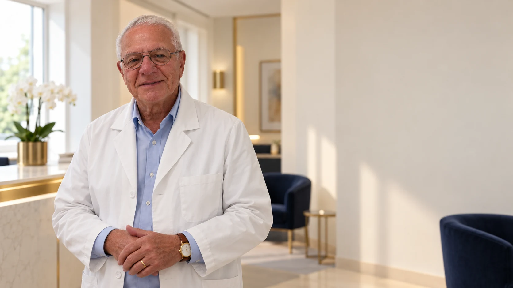 Le Dr Luis Heer dans l'accueil lumineux de VidaBela Clinic