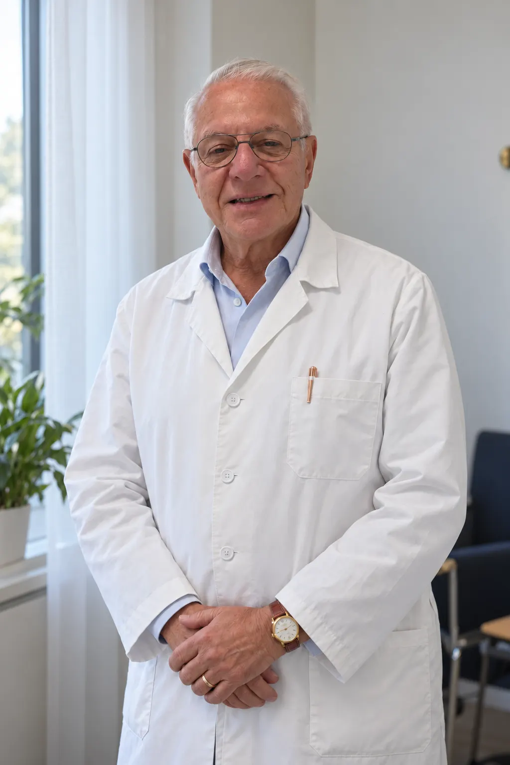 Portrait du Dr Luis Eduardo Heer en blouse blanche dans son cabinet, près de la fenêtre