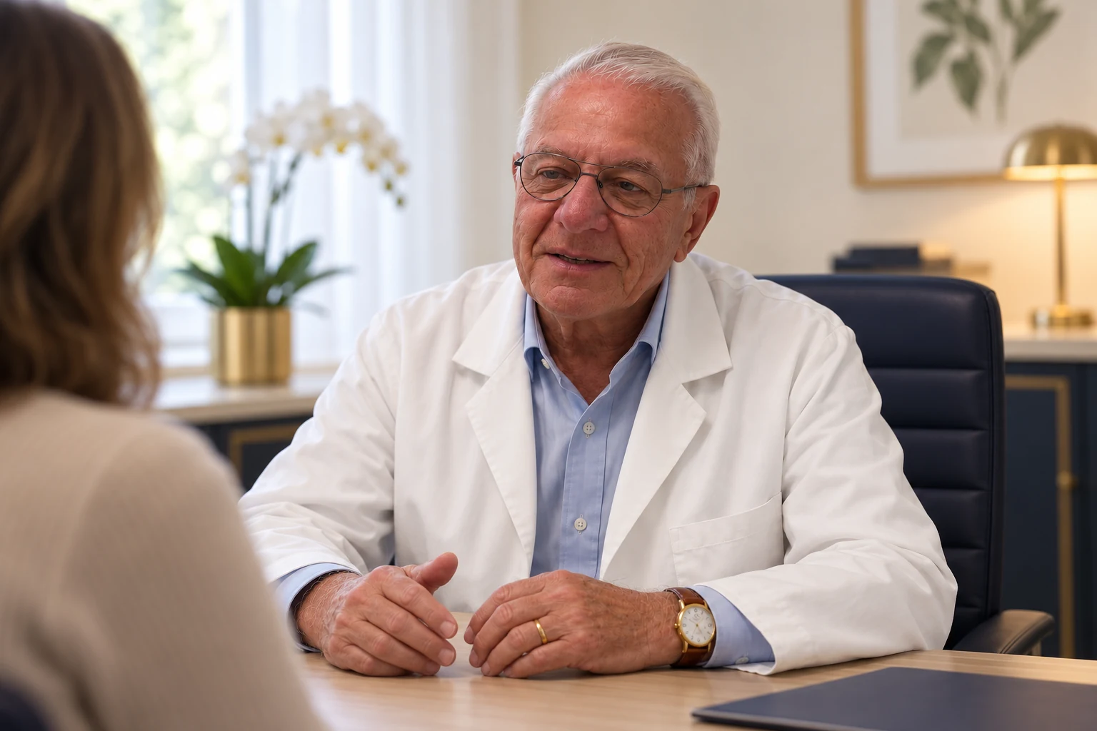 Le Dr Heer écoute une patiente, de l'autre côté de son bureau