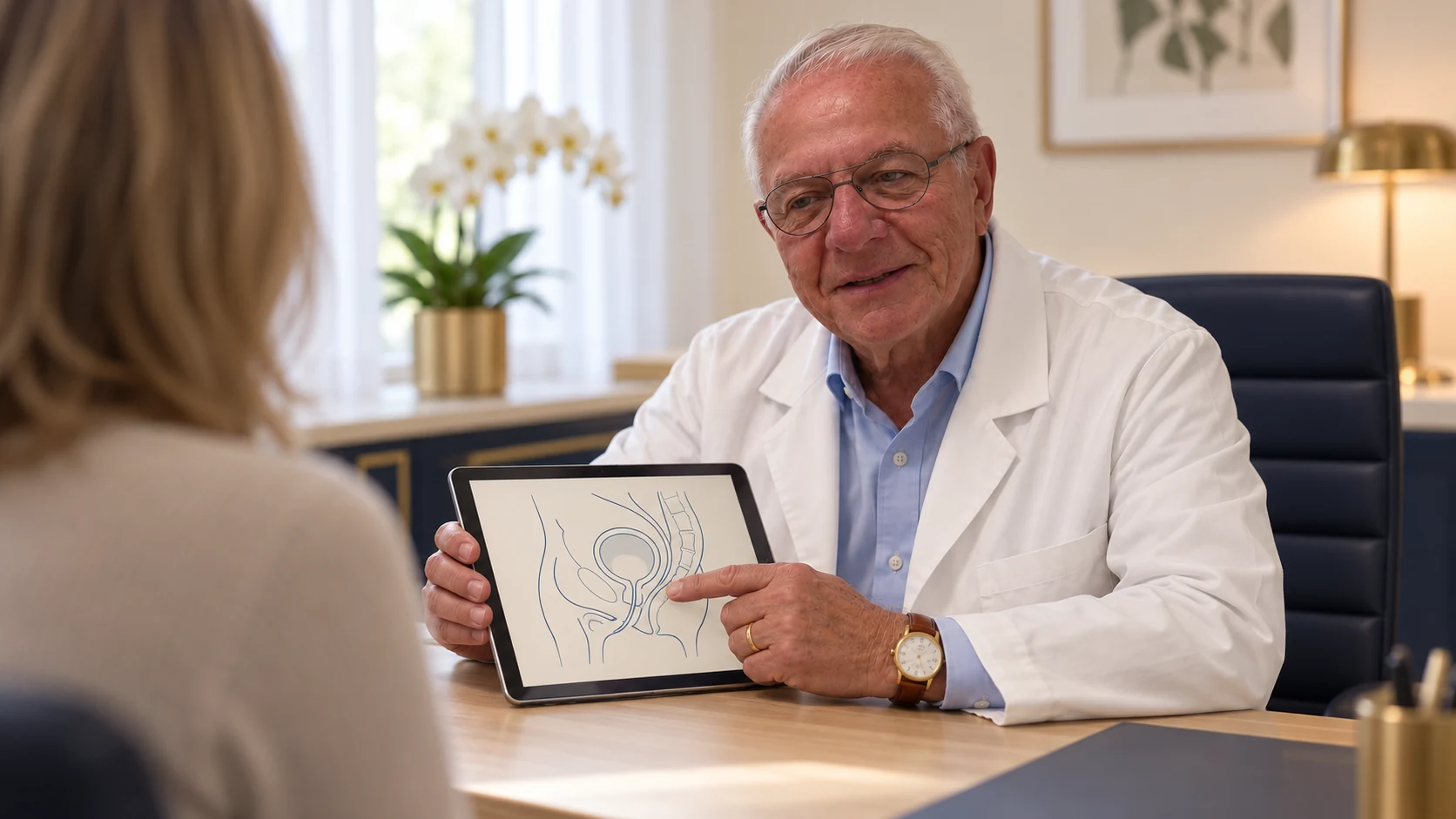 Le Dr Heer explique le traitement à une patiente, sur un schéma