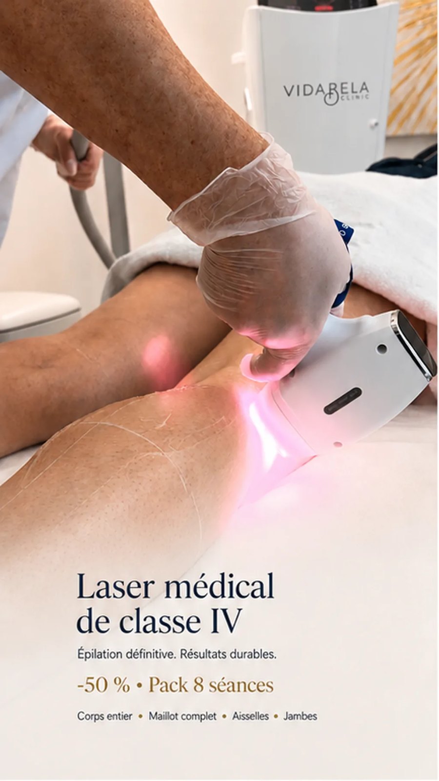 Séance d’épilation laser sur la jambe, machine VidaBela