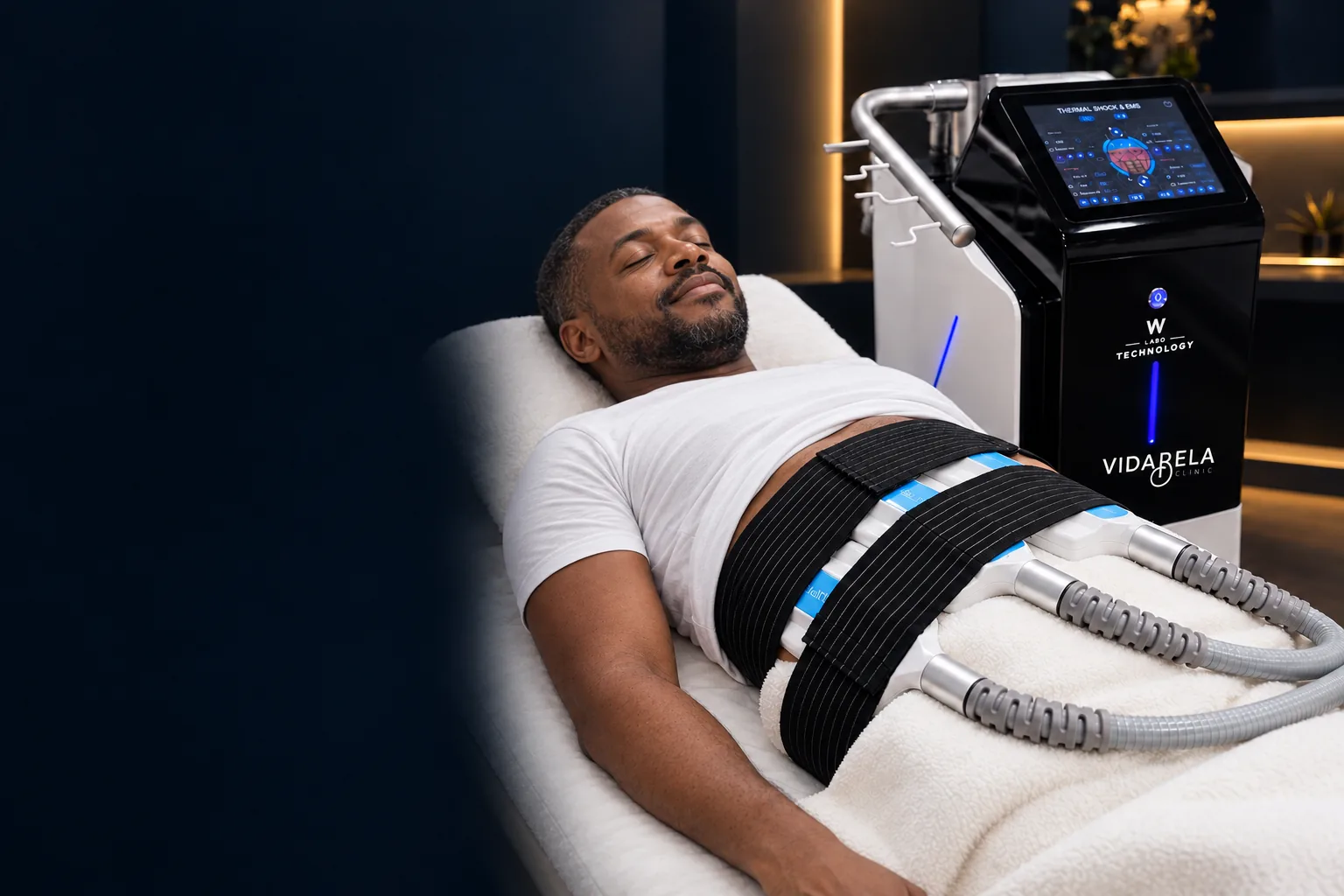 Homme pendant une séance, applicateurs sanglés sur l’abdomen, machine en arrière-plan