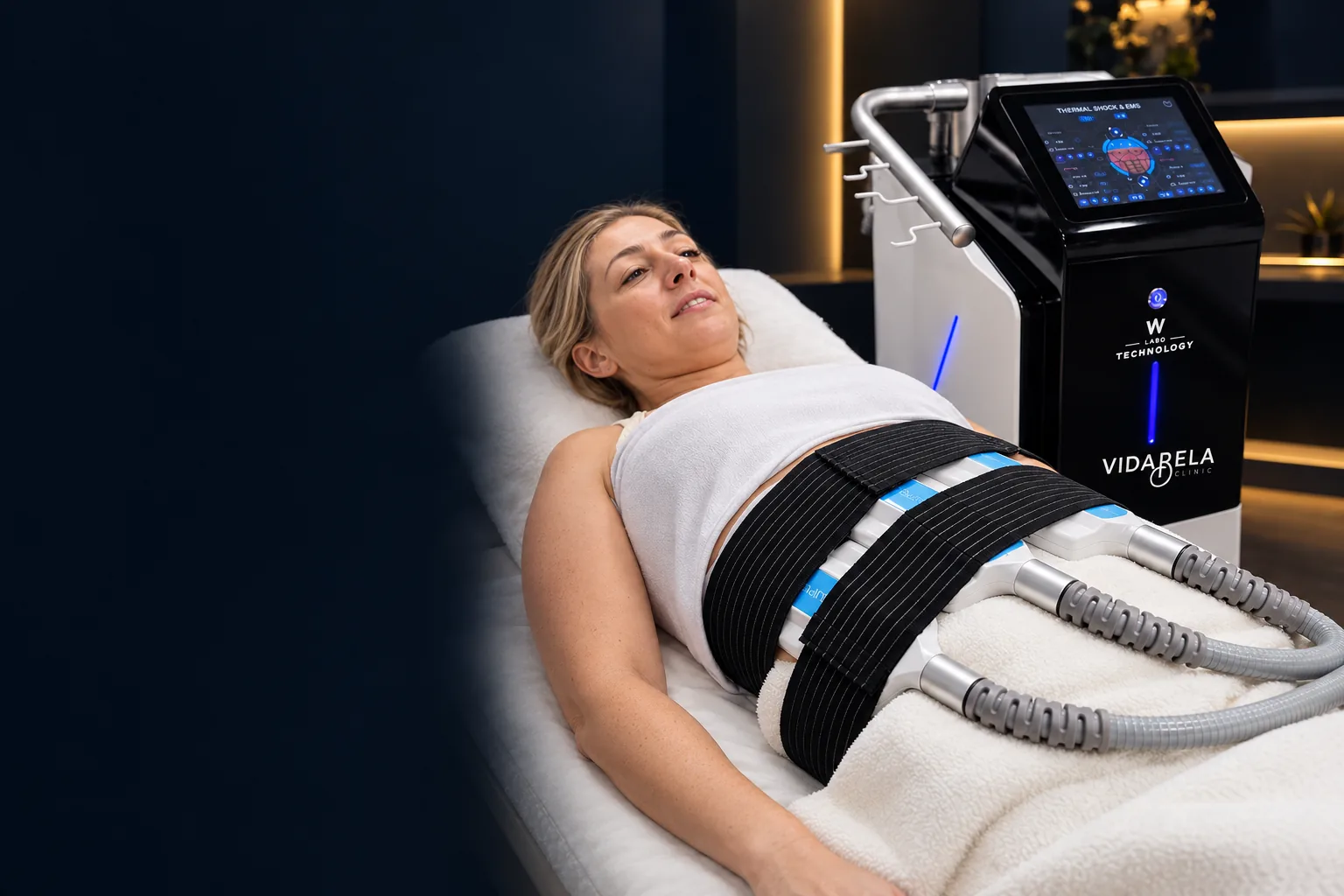 Séance de cryo, pads sanglés sur le ventre, machine VidaBela