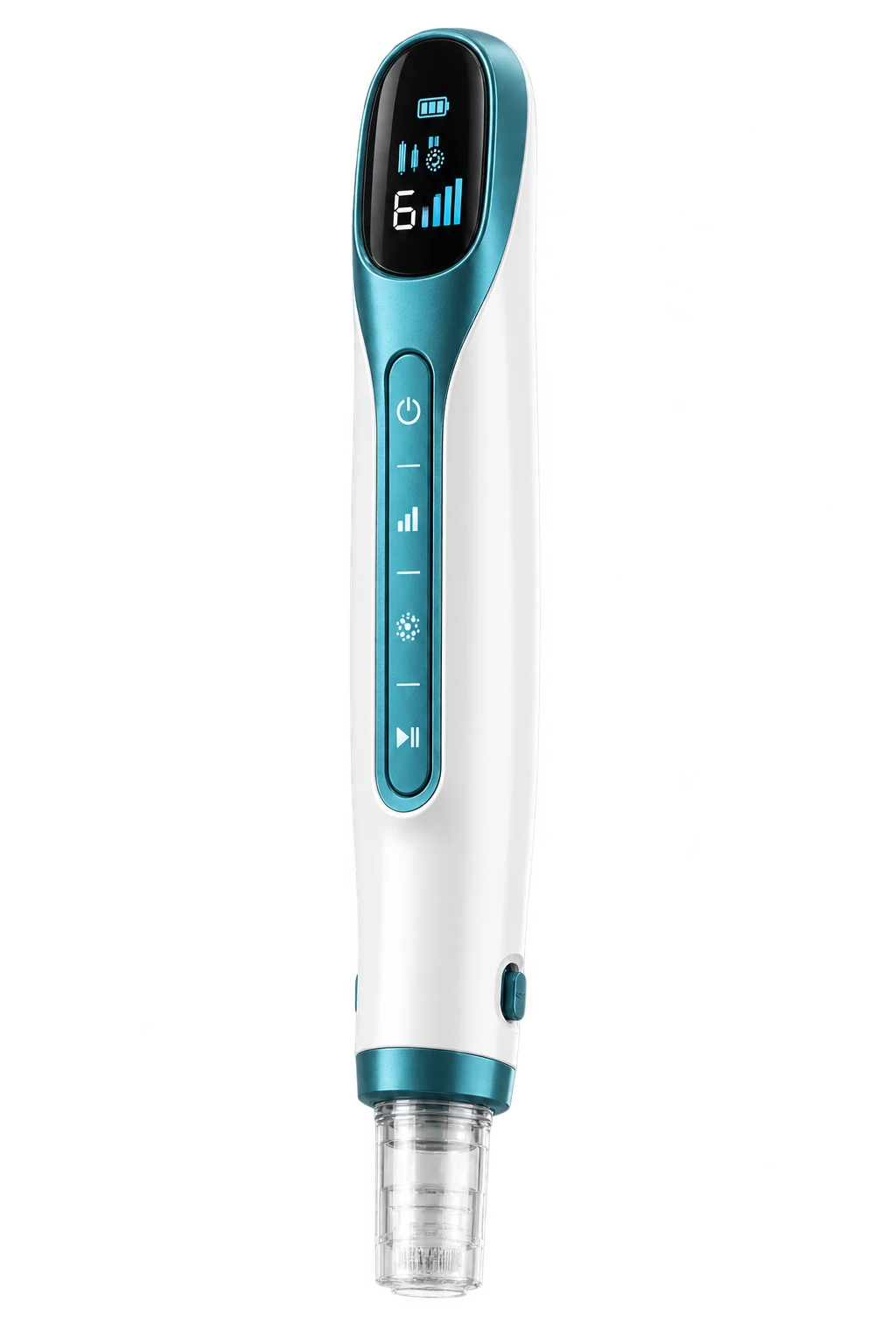 Visualisation sans marque du stylo utilisé : corps blanc, commandes turquoise et cartouche transparente