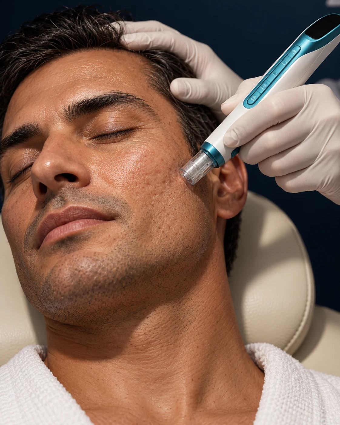 Illustration du microneedling sur la joue d’un homme, montrant la texture naturelle de la peau